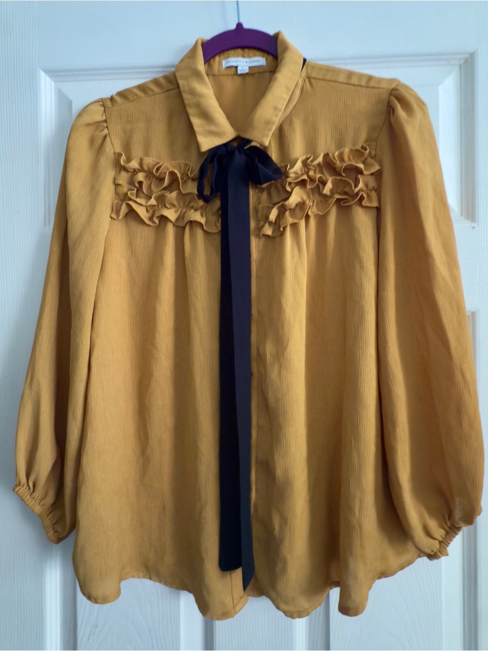 Mustard Ruffle-Front Blouse with Black Tie